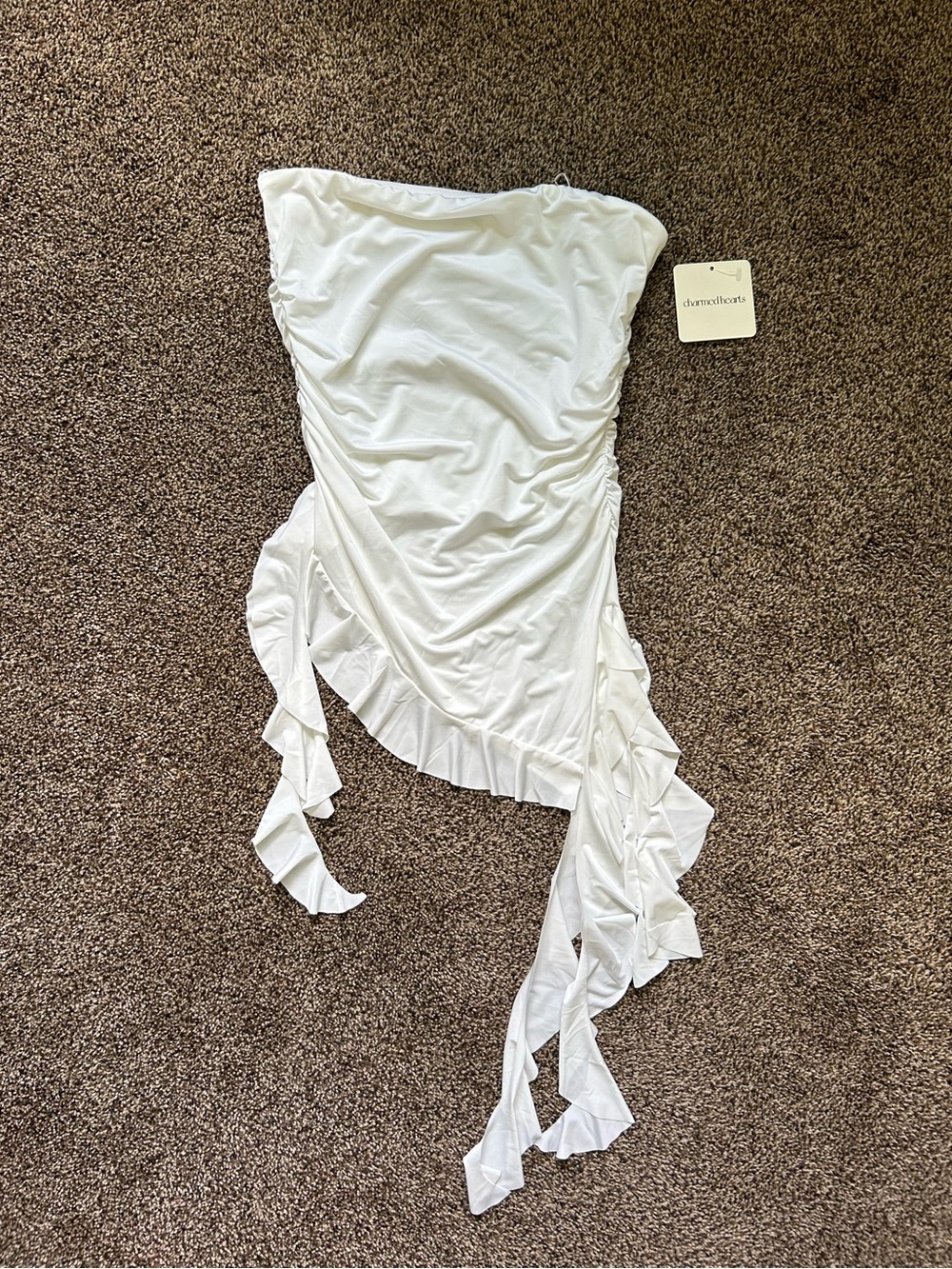 NWT Charmed Hearts Asymmetrical Strapless Ruffle Tank Small - White